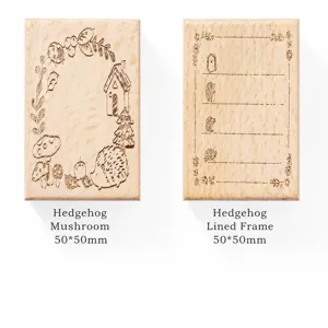 Detailed view of retro wooden stamps with hedgehog and mushroom designs for journaling