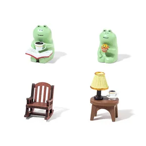 Miniature Japanese style frog figurines set with rocking chair and table for desk decor