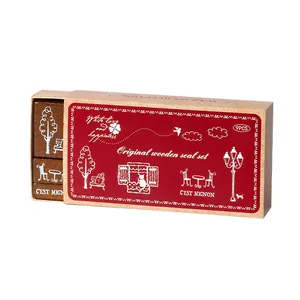 Juego de sellos de madera retro con frases francesas en caja de papel kraft (9 piezas)