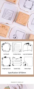 Colección de seis sellos decorativos de madera con bordes de dibujos de gatos y erizos