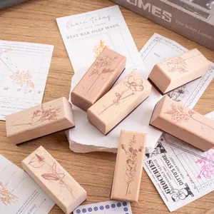 Set of floral wooden botanical stamps for aesthetic journaling and DIY crafts decoration
