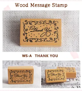 Macro detail of a vintage rectangular wooden 'Thank You' stamp for DIY scrapbooking