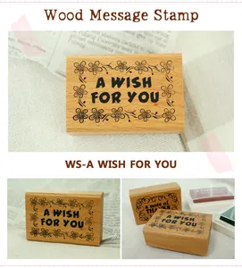 Detailed view of vintage wooden message stamp with 'A Wish For You' floral design