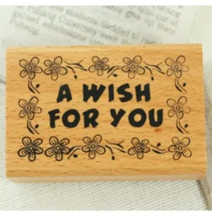 Vintage rectangular wooden DIY stamp featuring "A Wish For You" text and floral designs.