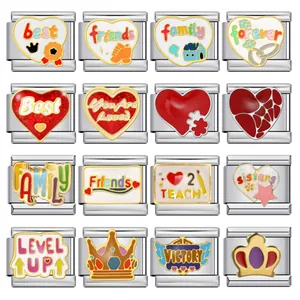 Stainless Steel Italian Charm Links For DIY Bracelet Gold Plated Enamel Heart Rainbow Letter Modular Charm Jewelry Making