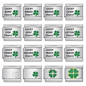Detailed collection of stainless steel Italian charms with lucky green clover motifs.