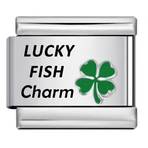 Detail view of a stainless steel Italian charm with green lucky clover design.