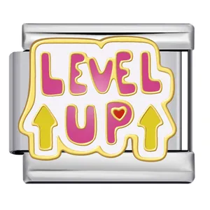 Detailed view of Italian charm link featuring Level Up text with heart and arrow motifs