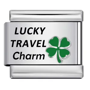 Detail view of stainless steel Italian modular charm with lucky green clover design