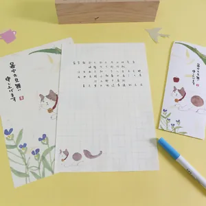 Cute cat stationery set with Japanese style letter paper and envelopes on yellow desk.