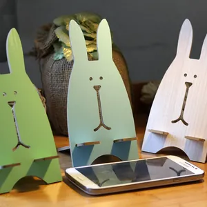 Schattige Cartoon Konijn Houten Telefoonhouder Desktop Standaard Draagbare Universele Smartphone Beugel Kleurrijke Bureau Decoratie