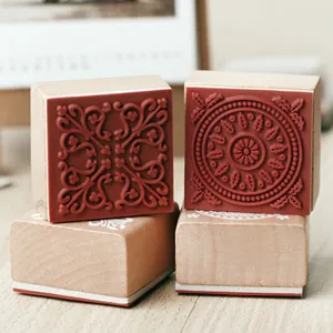 Vintage wooden square lace stamps with intricate rubber patterns for DIY crafts