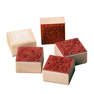 Set of vintage square wooden rubber stamps featuring intricate retro lace floral patterns