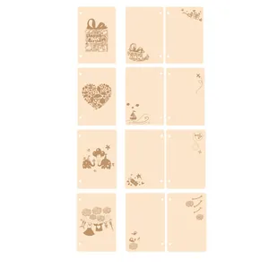 Set of 12 creative wooden greeting cards with assorted brown line art illustrations