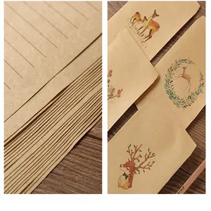 Nahaufnahme von Vintage-Briefpapier aus Kraftpapier mit handgemalten Waldhirsch-Mustern
