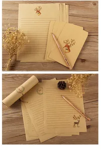 Detail eines Vintage-Kraftpapier-Briefpapiersets mit farbigen Hirschmotiven