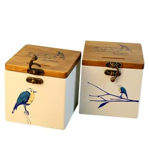 Juego de 2 huchas de madera con motivo de pájaros, cerradura de metal vintage y ranura