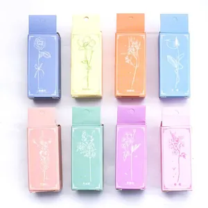 Set of 8 vintage wooden botanical flower stamps in colorful packaging boxes