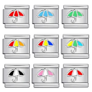 Stainless Steel Italian Charm Link Umbrella Pattern Enamel DIY Modular Bracelet Accessories For Women Jewelry Making Component