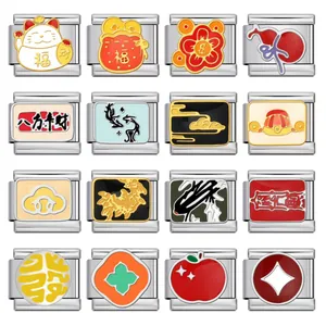 Detailed view of Chinese auspicious pattern enamel charms for modular bracelets