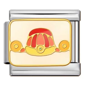Close-up of stainless steel Italian charm with Chinese auspicious hat enamel pattern.