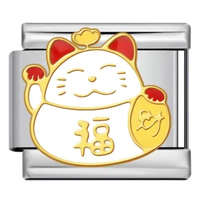 Detailed stainless steel lucky cat Italian charm link with gold 福 accent