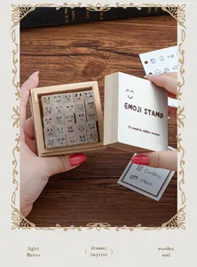 Detailed macro shot of 25 pieces emoji wooden and rubber stamp set for DIY handbook decoration