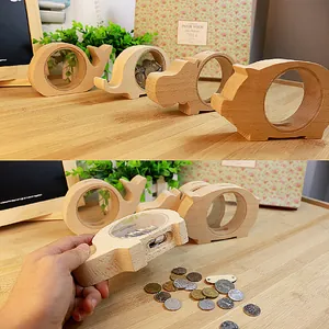 Creative animal-shaped wooden piggy bank with transparent acrylic window for coins