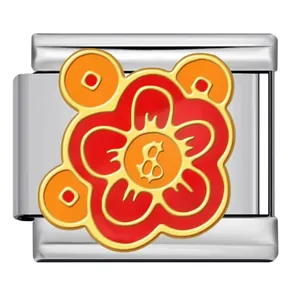 Stainless steel Italian charm link with red and orange Chinese auspicious floral pattern