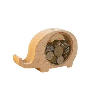 Creative elephant shaped wooden piggy bank with a transparent acrylic window for coins