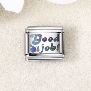 Italienisches Modular-Charm-Glied aus Edelstahl mit bunter "Good job!" Gravur