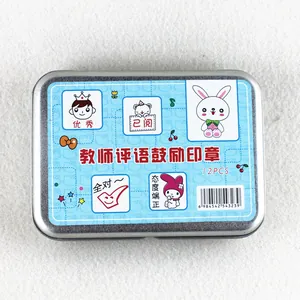 Set of 12 cute cartoon teacher evaluation stamps for classroom encouragement in a metal box
