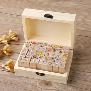 Set of 40 decorative wooden stamps with cute cat icons in a natural wooden box