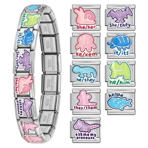 Eslabones de Charms Italianos de Acero Inoxidable Para Pulsera Modular DIY Animales Pronombres Joyería Neutral