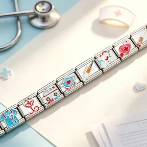 Detailed macro view of medical themed stainless steel Italian modular charm bracelet
