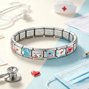 Close-up of medical-themed charms on a stainless steel Italian modular bracelet