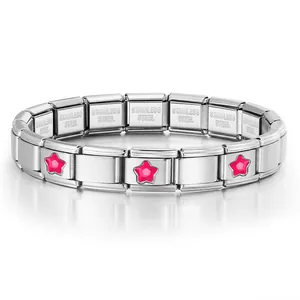 Bracelet à breloques italien en acier inoxydable avec étoiles roses pour bijoux DIY.