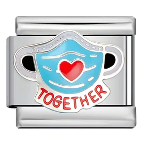 Detail of stainless steel Italian charm with blue medical mask and red Together heart