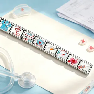 Stainless steel Italian modular charm bracelet with medical charms on a clean background.