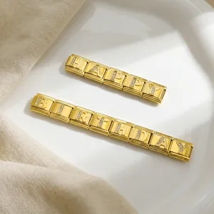 Charm italiani in acciaio inossidabile dorato con strass scritta Happy Birthday gioielli