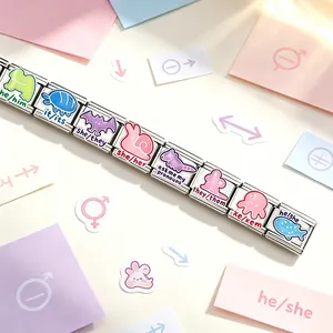 Pulsera italiana modular de acero inoxidable con simpáticos diseños de pronombres