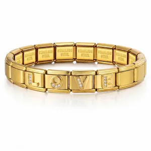 Bracciale a charms modulari italiani in acciaio inossidabile dorato con lettere LOVE
