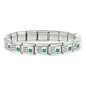Stainless steel Italian charm bracelet with green four-leaf clover lucky charms