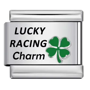 Minimalist stainless steel Italian charm with green clover and Lucky Racing engraving