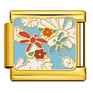 Detailed macro view of a gold stainless steel modular bracelet charm with floral enamel.
