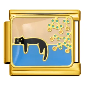 Close-up of gold stainless steel Italian link with enamel black cat and blue artistic design