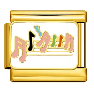 Detailed macro view of gold Italian charm link with colorful musical notes design