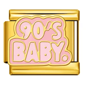 Premium gold stainless steel Italian charm link with pink enamel 90's Baby retro design