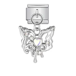Silbernes Edelstahl-Italien-Charm mit schmelzendem Schmetterlingsanhänger und Herzstein