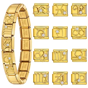Gold Edelstahl Italienisch Charm Armband Link Zwölf Sternzeichen Strass Modular DIY Stretch Armband Für Damen Schmuck